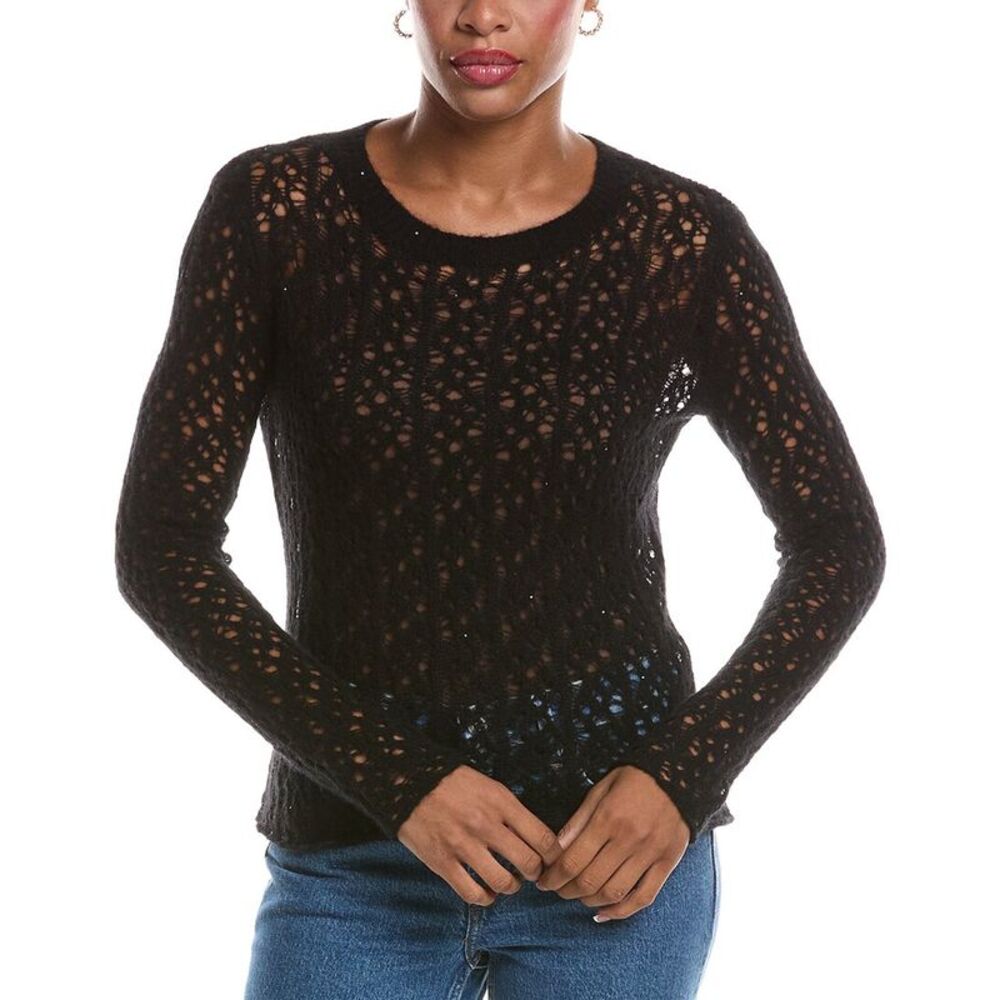 Autumn Cashmere Womens  Open Pointelle Crewneck 100% Cashmere Sweater, Black